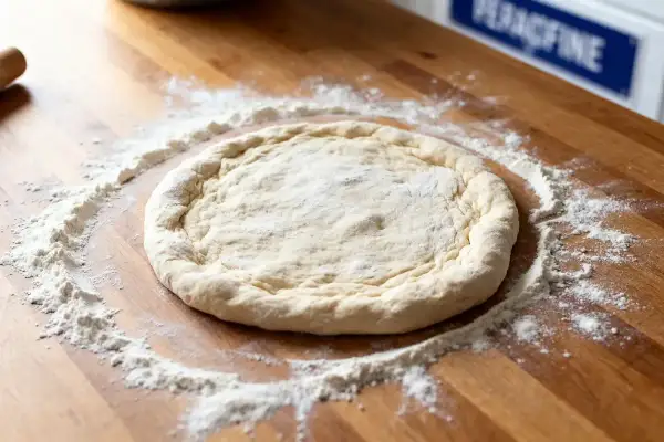 Pâte à pizza qui colle, étalée sur un plan de travail en bois, saupoudrée de farine.