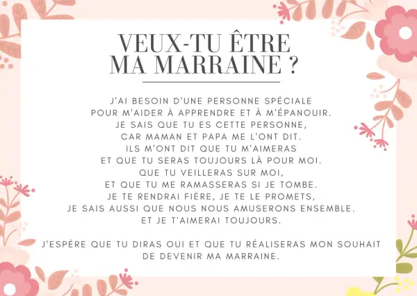 Une carte ornée de fleurs roses et de feuilles roses et beiges, avec le texte "Veux-tu être ma marraine ?" et une lettre exprimant le désir de devenir marraine.