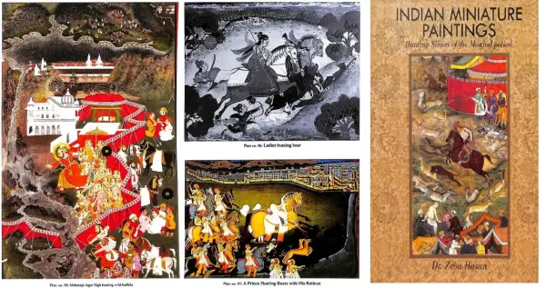 Mughal miniature paintings showcase vibrant hunting scenes, including ladies hunting boar and a prince with his retinue.