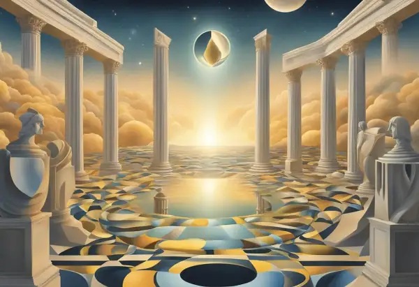 Surrealny topos: antyczne kolumny, falujące geometryczne wzory, niebo z księżycem i złotą łzą.