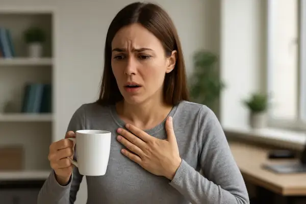 Kobieta z kubkiem w dłoni czuje niepokój, jakby wypiła 500 mg kofeiny.