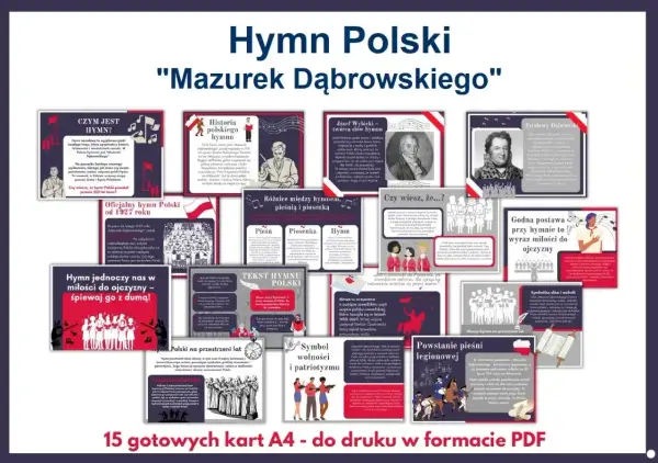 Hymn Polski "Mazurek Dąbrowskiego" - karty edukacyjne o historii, symbolice i tekście polskiego hymnu.