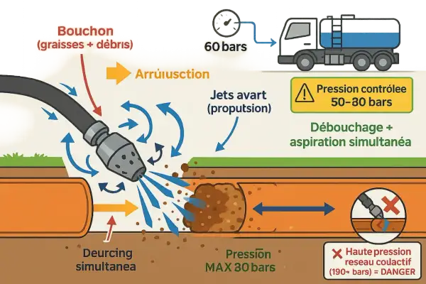 Débouchage d'une canalisation bouchée fosse septique par jet d'eau haute pression. Le jet avant propulse et le jet arrière aspire les débris.