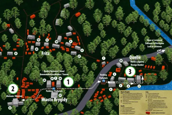 Mapa kompleksu mamerki bunkry. Znajdują się tu muzeum, parking, schrony i gigantyczne bunkry.
