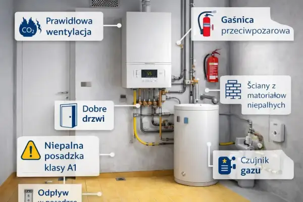 Schemat kotłowni z elementami bezpieczeństwa: prawidłowa wentylacja, gaśnica, niepalne ściany, czujnik gazu, dobre drzwi i niepalna posadzka.