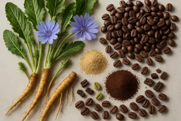 Cikoriarötter, blommor, kaffebönor och pulver. Vissa upplever biverkningar av cikoriakaffe.