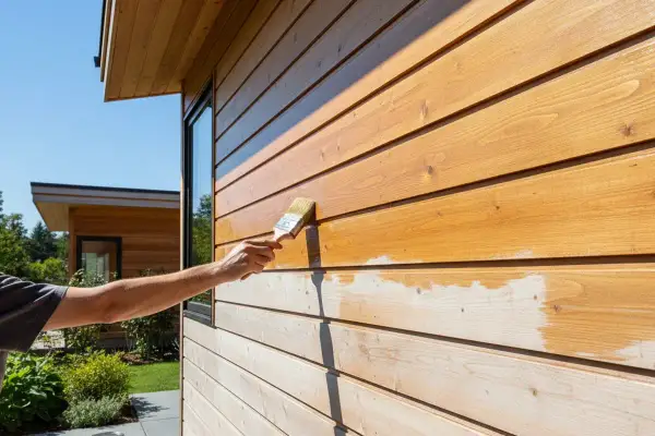 Application d'un lazur bois sur une façade en bois. La moitié est traitée, l'autre attend son tour.