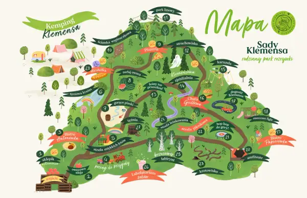 Mapa Sady Klemensa - atrakcje: park linowy, ścianka wspinaczkowa, pizzeria, karuzela, amfiteatr, bistro i wiele więcej dla całej rodziny.