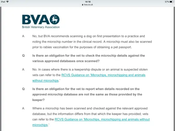 British Veterinary Association guidance on scanning dogs and the need to update dog microchip details for rabies vaccinations and pet passports.