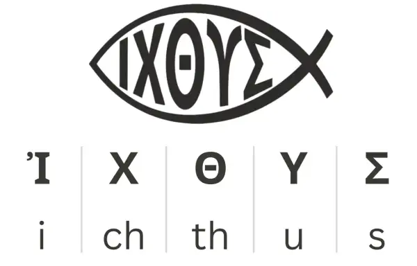 Der Ichthys, ein christliches Symbol, stellt einen Fisch dar, der die Anfangsbuchstaben von "Jesus Christus, Gottes Sohn, Retter" in Griechisch bildet.