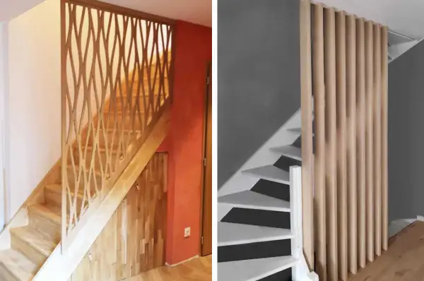 Escalier en bois avec un garde-corps ajouré en escalier claustra à gauche, et un escalier moderne avec un claustra vertical en bois à droite.