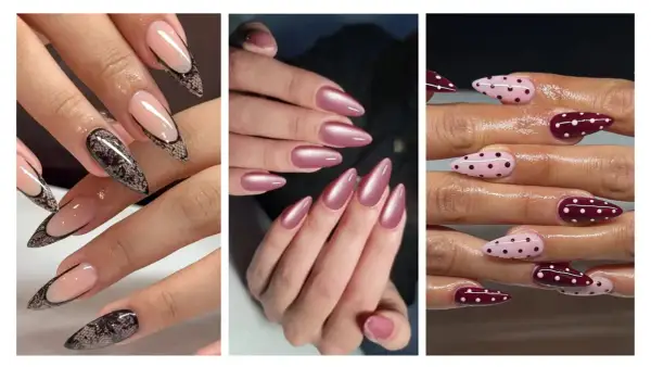 Idée ongle ballerine : trois styles élégants. French revisité avec dentelle noire, rose métallique nacré, et pois sur fond rose et bordeaux.