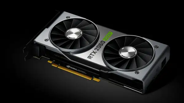 Karta graficzna NVIDIA RTX 2060 Super z dwoma wentylatorami. Jej VRAM pozwala na płynną grę.