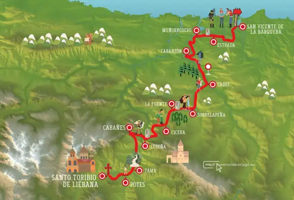 Mapa ilustrado del **camino lebaniego**, con su **dificultad** representada por el terreno montañoso y la ruta marcada.