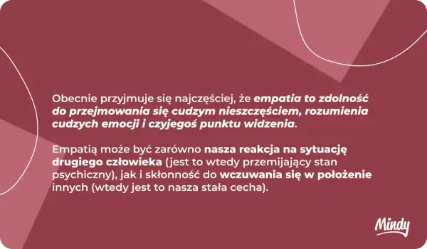 Grafika z tekstem o empatii na ciemnoróżowym tle z białymi liniami i logo Mindy.