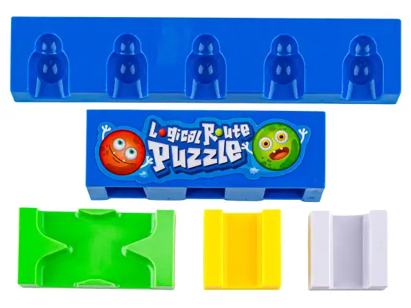 Kolorowe klocki i plansza z potworkami do gry Logical Route Puzzle, idealne dla dzieci z aspergerem, rozwijające logiczne myślenie.