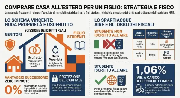Scissione diritti reali (usufrutto/nuda proprietà) per tutelare i diritti dei figli sulla casa dei genitori all'estero.