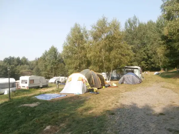 Na kempingu Złoty Potok rozstawione namioty i przyczepy kempingowe wśród drzew.
