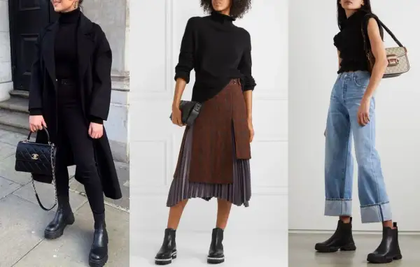 Tre modi per indossare stivaletti alla caviglia: total black elegante, con gonna a pieghe e jeans a vita alta.