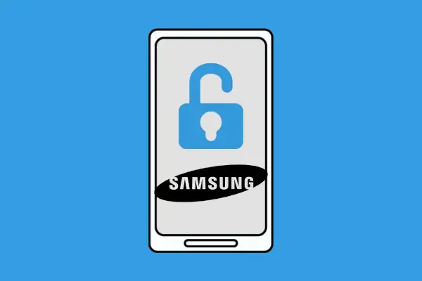 Ilustración de un teléfono Samsung con un candado abierto, indicando cómo averiguar patrón de desbloqueo.