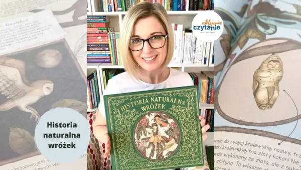 Kobieta z uśmiechem prezentuje piękne książki o wróżkach, w tym "Historia naturalna wróżek" z ilustracją bajkowej postaci.