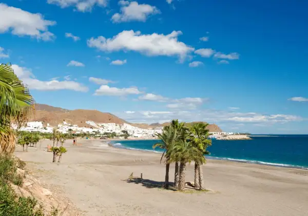 La **playa de la Galera** se extiende bajo un cielo azul con nubes blancas. Palmeras salpican la arena dorada, mientras el mar turquesa baña la costa. Al fondo, un pueblo blanco se asoma entre las colinas.