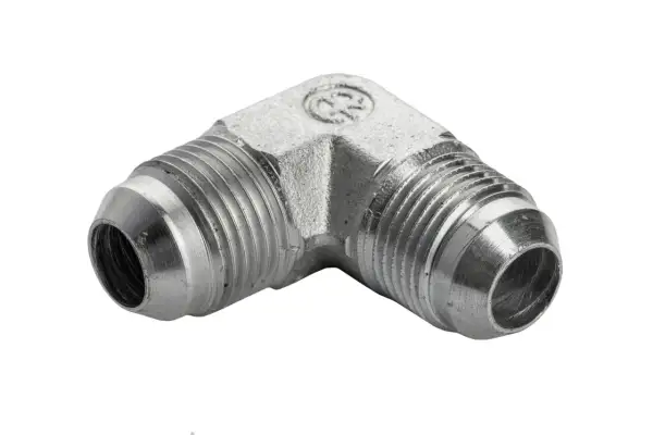 Metalowy kolanko 90 stopni z gwintem NPT, idealne do połączeń hydraulicznych.