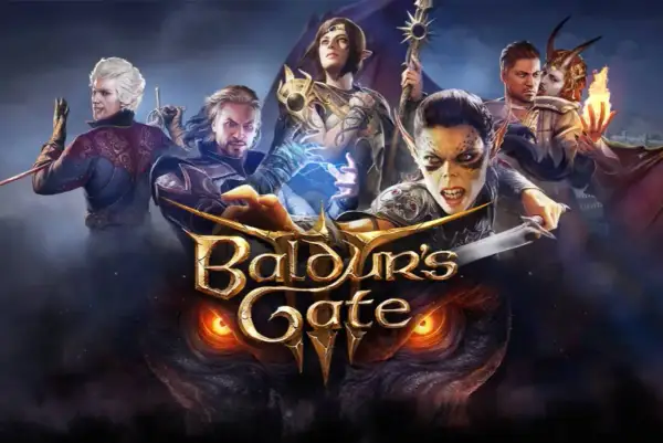 Postacie z Baldur's Gate 3 na Switchu, w tym elfka z magią i demonica z ogniem, gotowe do walki.