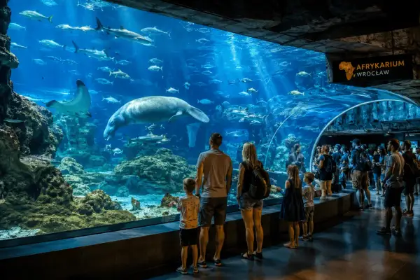 Familie bestaunt Seekuh und Haie im Afrykarium Wrocław.