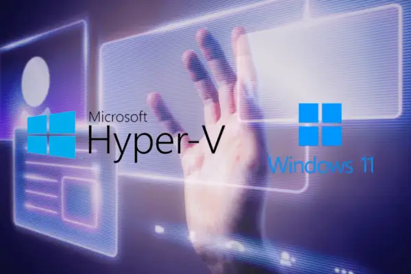 Mano interactuando con interfaz digital de Microsoft Hyper-V y Windows 11, creando una máquina virtual.