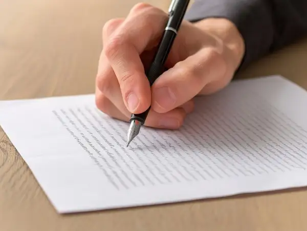 Dłoń pisze piórem na papierze. To może być wzór listu motywacyjnego, który pomoże Ci w karierze.