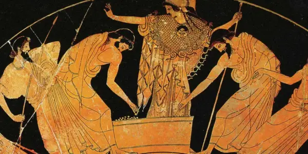 Ancient Greek vase painting depicting figures in a game of dice, a scene that might have inspired famous Greek artists.