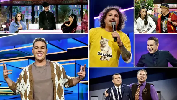 Kolaż zdjęć z programu rozrywkowego: uśmiechnięci mężczyźni, kobiety, kucharz, kot na koszulce.