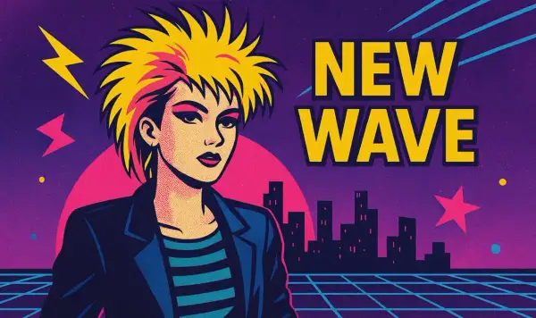 Chica con pelo rubio y rosa, vestida con chaqueta y camiseta a rayas, frente a un paisaje urbano retro con el texto "NEW WAVE".
