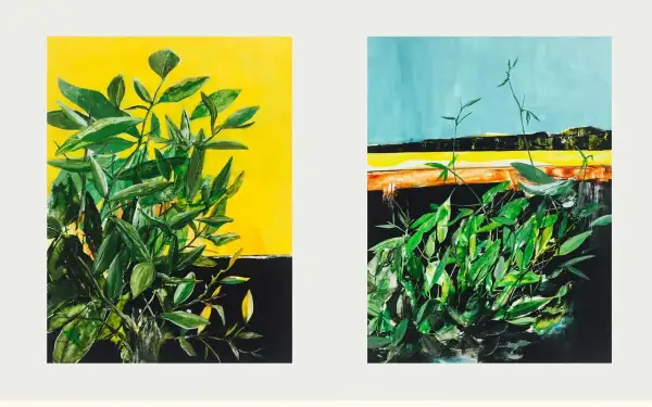 Two vibrant paintings by Asian artists, featuring lush green foliage against bold yellow and blue backgrounds.