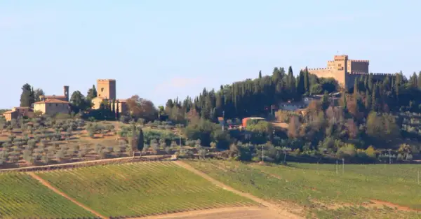 Colline toscane con vigneti e uliveti, e in lontananza castelli e torri, un'idea di cosa vedere a Poggibonsi.