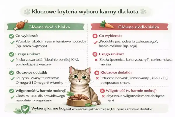 Koty nie mogą jeść zbóż, cukru i melasy. Wybieraj karmę z wysokiej jakości mięsem, tauryną i zdrowymi dodatkami.