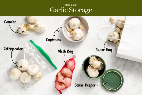 Learn the best ways how to store garlic: on the counter, in a cupboard, refrigerator, mesh bag, paper bag, or a garlic keeper.