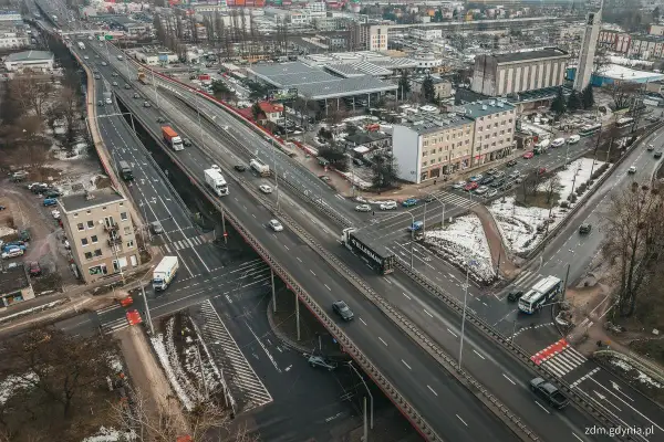 Widok z lotu ptaka na estakadę Kwiatkowskiego z ruchem samochodowym, budynkami i terenami zielonymi.