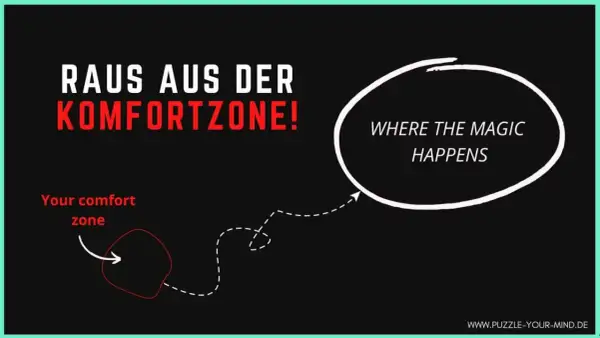 Raus aus der Komfortzone! Beispiele für Wachstum: Ein Pfeil zeigt von der Komfortzone weg zu einem Kreis mit der Aufschrift "Where the magic happens".