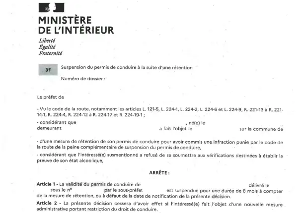 Document du Ministère de l'Intérieur concernant la suspension du permis de conduire. Il détaille les démarches pour comment récupérer son permis après une suspension de 4 mois.