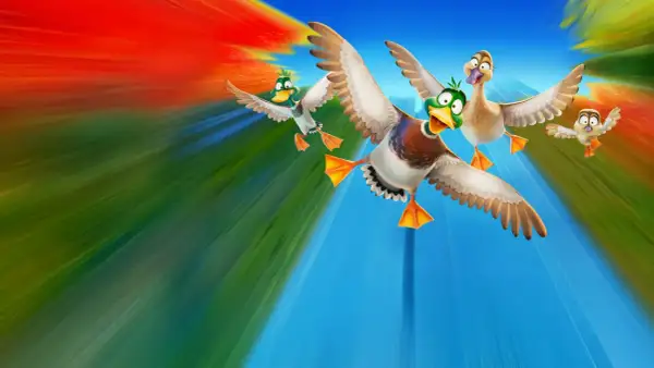 Vier lustige Enten fliegen im Sturzflug, bereit für ein Abenteuer. Ein "Raus aus dem Teich" Stream-Moment!