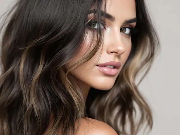 Une femme aux cheveux bruns avec des reflets blonds, un exemple de comment eclaircir cheveux noir pour un look subtil et lumineux.