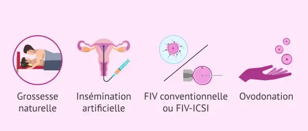 Illustrations de différentes méthodes pour concevoir un enfant, de la grossesse naturelle à l'ovodonation, utiles pour les femmes atteintes d'endométriose.