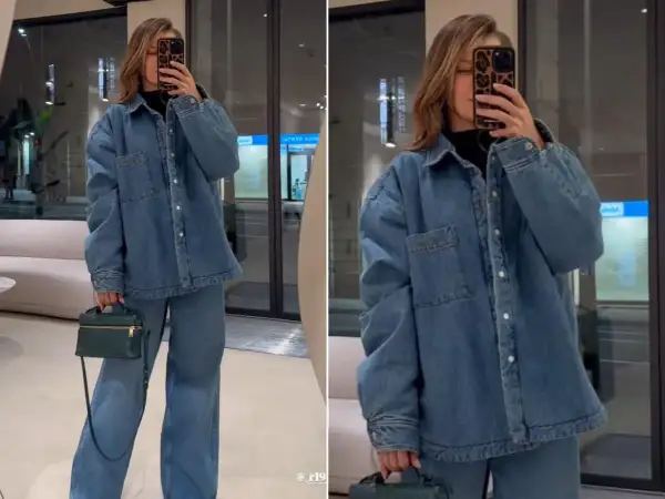 Stylowe stylizacje z koszulą oversize. Denimowy total look z szerokimi spodniami i zieloną torebką.