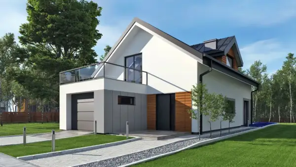 Nowoczesny dom z dużymi oknami i balkonem. Eleganckie facjaty dachowe dodają mu charakteru.