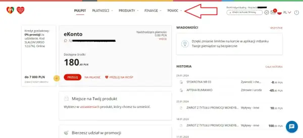 Strona główna mBanku. Kliknij "Pomoc", aby dowiedzieć się, jak sprawdzić identyfikator mbank.