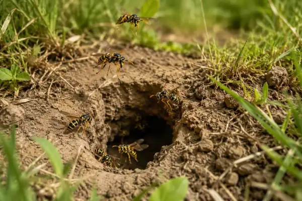 Aktywne gniazdo os w ziemi. Kilka os krąży wokół wejścia, inne wchodzą do środka.