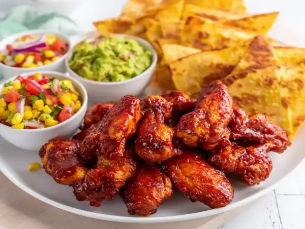 Saftiga kycklingvingar i ugn med tortillachips, guacamole och salsa. Perfekt för en festlig middag!