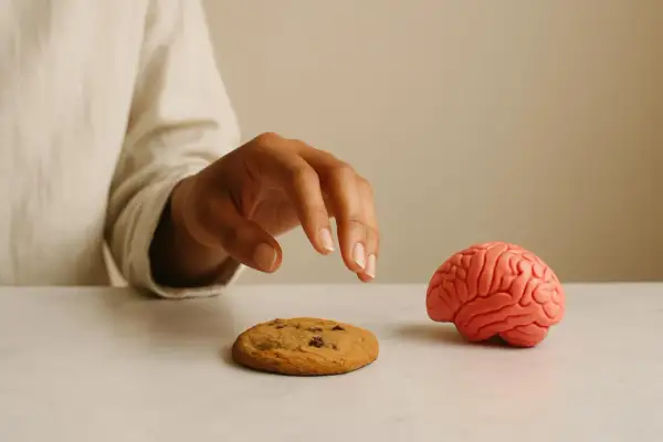 Mano tesa verso un biscotto, accanto a un cervello. Un'immagine che evoca la **valvola di sfogo psicologia** e le tentazioni.